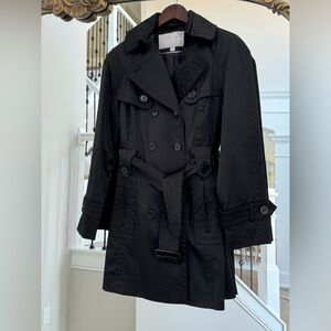 Jessica Simpson Classic Black Satin Trench Coat, Size Medium